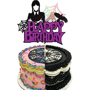 1 PCS Wednesday Addams Happy Birthday Cake Topper Glitter Spider Web Thing Hand Wednesday Girl Cake Pick Addams Family Cake Decorations for Fantasy Horror Wednesday Kids Birthday Party Supplies