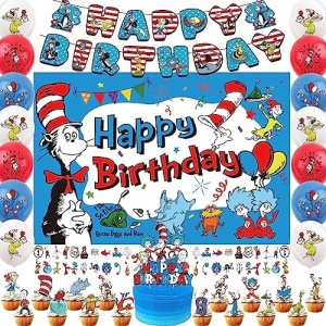 106Pcs Dr Seuss Party Decorations,Dr Seuss Party Supplies Includes Happy Birthday Banner,Backdrop,Cake Topper,Cupcake Toppers,Balloons and Stickers for Boys and Girls