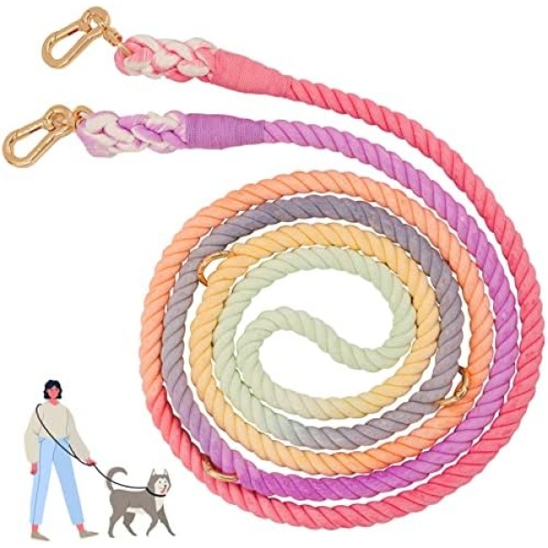 10FT Hands Free Leash for Large Dogs, Colorful Adjustable Rope Dog Leash with Double Swivel Hook for Small Medium Large Dogs, Handmade Cotton Braided Dog Leash Rope