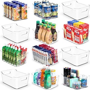 [ 12 Pack ] Multi-Use Clear Bins for Organizing - Fridge, Refrigerator Organizer Bins - Pantry Organization and Storage - Plastic Containers for Home, Kitchen, Freezer, SOHO Collection, Canbinet, RV