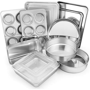 12-Piece Stainless Steel Bakeware Sets, E-far Metal Baking Pan Set Include Round Cake Pans, Square/Rectangle Baking Pans with Lids, Cookie Sheet, Loaf/Muffin/Pizza Pan, Non-toxic & Dishwasher Safe