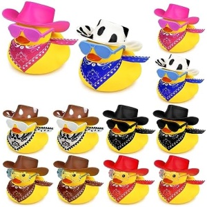 12 Sets Cowboy Ducks with Mini Hat Scarf and Sunglasses Mini Bath Duck Toys for Birthday Swimming Party Gift Favor Decorations