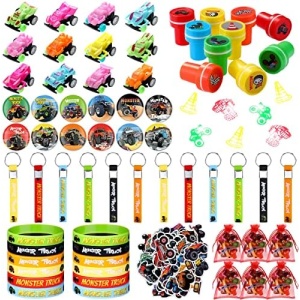 122 Pcs Truck Party Favors Kits Set Truck Theme Mini Cars Toys Cartoon Tattoo Stickers Keychain Wristband Bracelet Badge Stamper Goody Treat Candy Bags for Girls Boys Birthday Party Supplies
