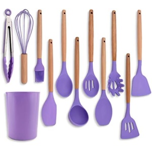 12pcs Silicone Cooking Kitchen Utensil Set with Holder - Wooden Handles Silicone Kitchen Gadgets, Heat Resistan Kitchen Tools BPA-Free for Nonstick Cookware V TOWER