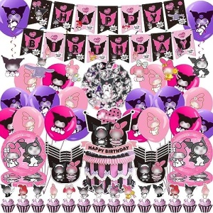 134 Pcs Kawaii Birthday Decorations Party Supplies Include Banner, Cake Toppers, Balloons, Hanging Swirls,Invitation Cards, Stickers, Anime Theme Birthday Supplies for Kids and Girls