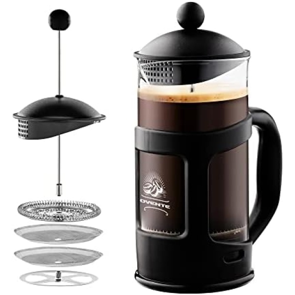 Ovente French Press Coffee, Tea and Espresso Maker, Heat Resistant Borosilicate Glass with 4 Filter Stainless-Steel System, BPA-Free Portable Pitcher Perfect for Hot & Cold Brew 34oz, Black FPT34B