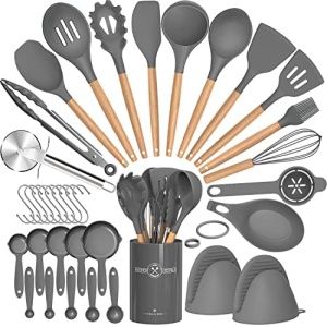 Umite Chef 36pcs Silicone Kitchen Cooking Utensils with Holder, Heat Resistant Cooking Utensils Sets Wooden Handle, Nonstick Kitchen Gadgets Tools Include Spatula Spoons Turner Pizza Cutter(Grey)