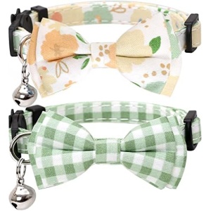 2 Pack/Set Cat Collar Breakaway with Cute Bow Tie and Bell Plaid Flower for Kitty Adjustable Safety