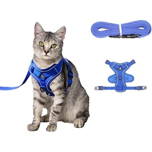 Amogato Cat Harness and Leash Set-Outdoor Walking Escape Safety Cat Vest, Adjustable Soft Kitty Vest, with Cat Reflective Strip, S,Blue