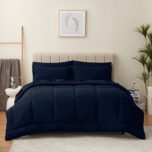 CozyLux Queen Comforter Set - 7 Pieces Bed in a Bag Set Navy Blue, Bedding Sets Queen with All Season Quilted Comforter, Flat Sheet, Fitted Sheet, Pillowcases, Navy Blue, Queen
