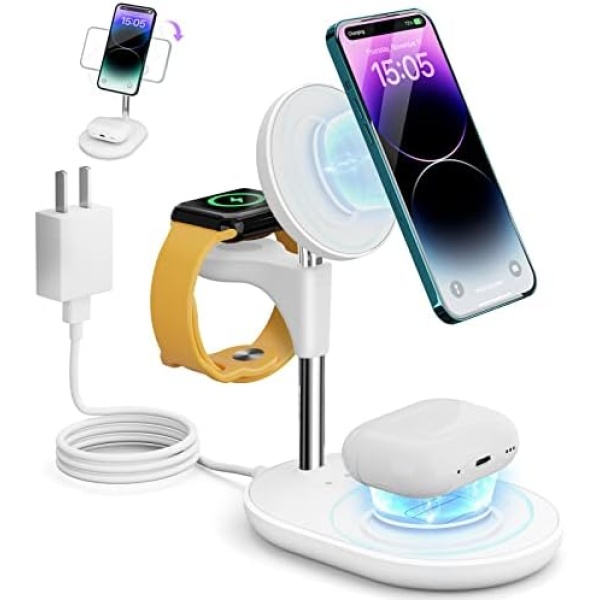 Wireless Charging Station for Multiple Devices Apple, 3 in 1 Fast Wireless Charger Stand Mage-Safe Charger for iPhone 14 13 12 Pro Max/Plus/Pro/Mini iWatch AirPods (White)
