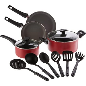 BELLA Cookware Set, 12 Piece Pots and Pans with Utensils, Nonstick Scratch Resistant Cooking Surface Compatible with All Stoves, Nylon and Aluminum, Red
