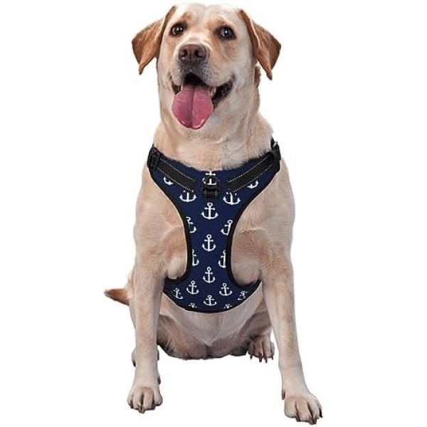 Adjustable Pet Harness Collar and Leash Set for Dogs Puppy and Cats Outdoor Training and Running, Soft Vest Harness (Navy Nautical Anchor)
