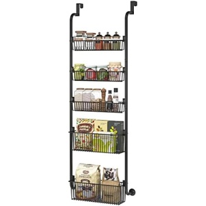 1Easylife Over the Door Organizer 5-Tier for Pantry Storage and Organization with 5 Baskets, Heavy-Duty Metal Spice Rack (3x4.72+2x5.9 Width Baskets, Black)