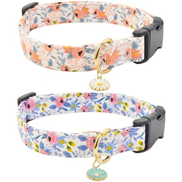 2 PCS Cotton Dog Collar Soft Cute Flower -3 Sizes Soft Nylon Puppy Collar Adjustable for Girl Female Small Medium Large Dogs (S(10-14in), Flower-1)