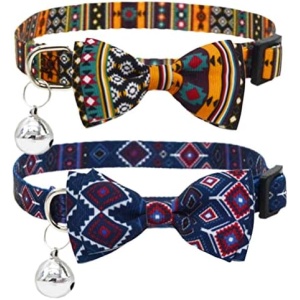 2 Pack Breakaway Cat Collar with Bow Tie and Bell for Kitten Adjustable Safety Collars with Removable Bowtie Aztec and Tribal
