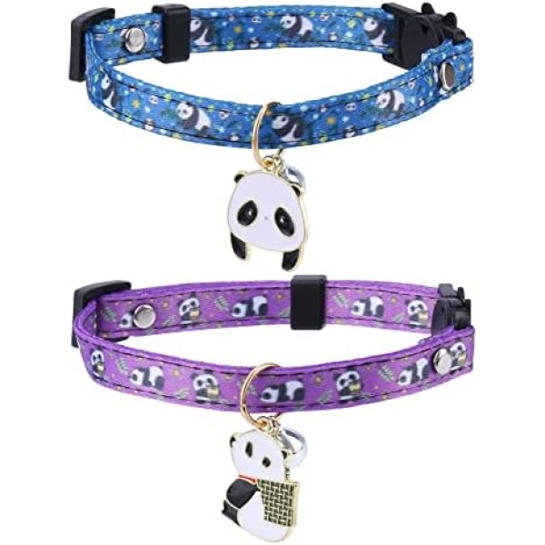2 Pack Cotton Breakaway Cat Collar with Bell,Blue & Purple Panda Pendant Cute Cat Collar Kitten Collar,Ideal for Girl Cats Boy Cats