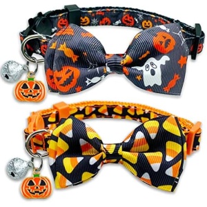 2 Pack Halloween Cat Bowtie Collar with Bell, Holiday Jack-O-Lantern and Candycorn Collar for Kitty Kitten Male Female Cats (Jack-O-Lantern/Candycorn)