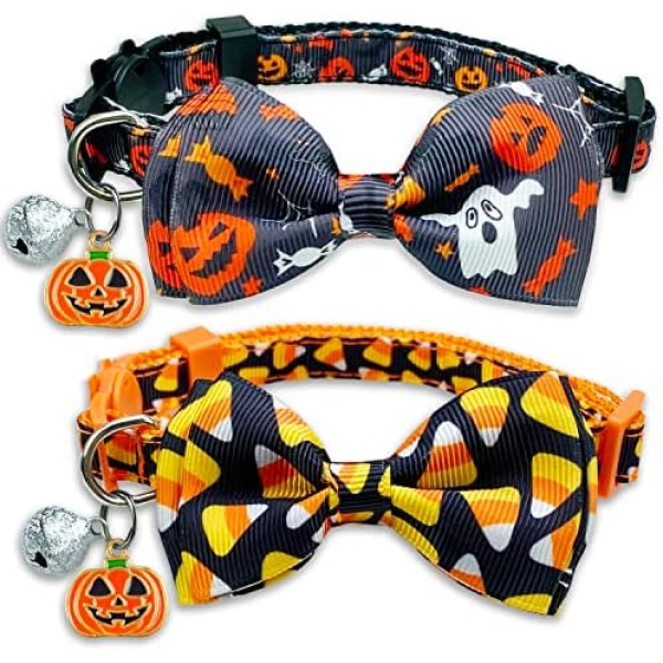 2 Pack Halloween Cat Bowtie Collar with Bell, Holiday Jack-O-Lantern and Candycorn Collar for Kitty Kitten Male Female Cats (Jack-O-Lantern/Candycorn)