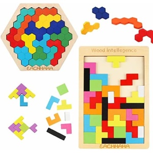 2 Pack Hexagon Puzzles and Wooden Russian Block Puzzles-Solid Basswood for Durability, Experience The Fun of Two Different Ways of Playing,Suitable for Adults and Kids STEM Montessori Toys Gifts