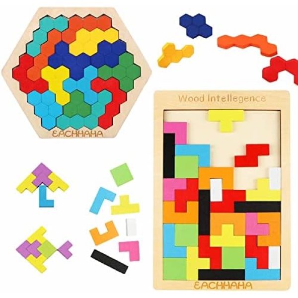 2 Pack Hexagon Puzzles and Wooden Russian Block Puzzles-Solid Basswood for Durability, Experience The Fun of Two Different Ways of Playing,Suitable for Adults and Kids STEM Montessori Toys Gifts