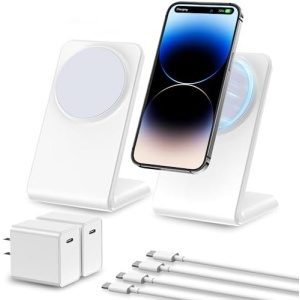 2 Pack Meifigno Magnetic Wireless Charger for iPhone 14/13/12 Series, AirPods 3/2/Pro, Fast Charging with PD 20W USB-C Adapter x2, MagSafe Charger Stand for iPhone 14 13 12 Pro Max Plus Mini, White