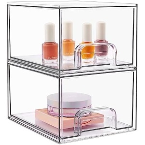2 Pack Stackable Makeup Organizer Storage Drawers, Vtopmart 4.4'' Tall Acrylic Bathroom Organizers，Clear Plastic Storage Bins For Vanity, Undersink, Kitchen Cabinets, Pantry Organization and Storage