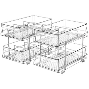 2 Set, 2 Tier Clear Organizer with Dividers for Cabinet / Counter, MultiUse Slide-Out Storage Container - Kitchen, Pantry, Medicine Cabinet Storage Bins, Bathroom, Vanity Makeup, Under Sink Organizing