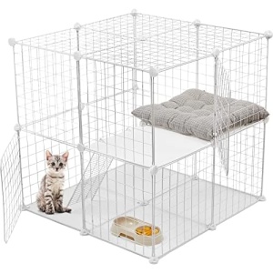 2 Tier Large Cat Cage Crate DIY Pet Playpen Detachable Dense Metal Wire Ferret Cage Indoor Cat Kennels for Kitten Puppy Bunny Exercise (White, 27.56 x 27.56 x 27.56 Inches)
