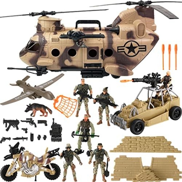 26 PCS Army Men Helicopter Carrier Toys, Military Soldier Action Figures, Combat Truck, Motorcycle, Jumbo Transport Aircraft with Lights & Sound, Weapons Accessories Playset for Kids Boys