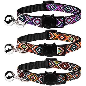 3 PCS Cat Collars with Bell Breakaway Geometric Pattern Adjustable Safety Kitten Collars for Kitty Collars（S）