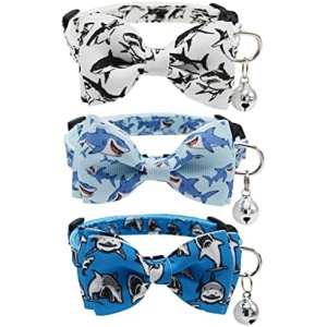 3 Pack Cat Collar Breakaway with Removable Cute Bow Tie and Bell Adjustable Safety Buckle Shark Print White Light Blue and Blue