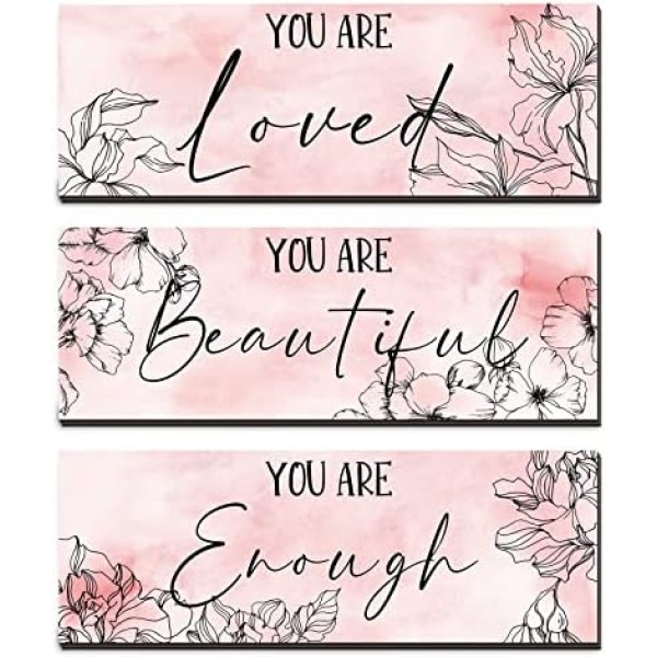 3 Pcs Floral Wooden Wall Hanging Wall Art Positive Quotes You Are Beautiful Inspirational Wall Decors for Valentine Kids Girls Teacher Women Assistant Secretaries (Pink, 5.6 x 15.7 Inch)