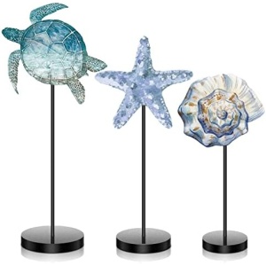 3 Pcs Summer Ocean Wood Table Sign Standing Wooden Starfish Sea Turtle and Shell Tabletop Home Decor Rustic Wooden Tabletop Centerpiece Tall Standing Block Decorations for Farmhouse Rustic Kitchen