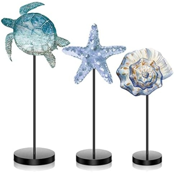 3 Pcs Summer Ocean Wood Table Sign Standing Wooden Starfish Sea Turtle and Shell Tabletop Home Decor Rustic Wooden Tabletop Centerpiece Tall Standing Block Decorations for Farmhouse Rustic Kitchen