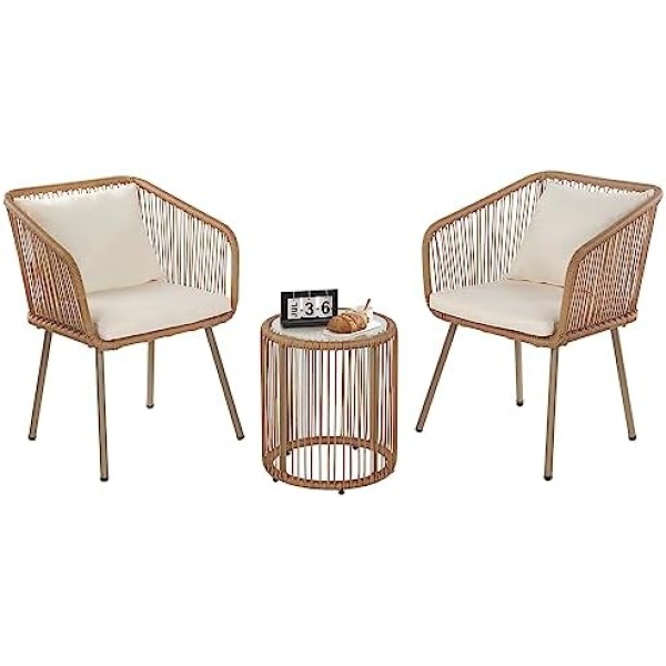 3-Piece Outdoor PE Rattan Bistro Furniture Set Patio Rattan Conversation Set Patio Furniture Set Glass Coffee Table Top and 2 Chairs with Cushions Lumbar Pillows for Yard Garden Porch Bistro, White