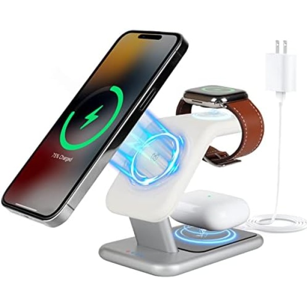 3-in-1 Wireless Charging Station, 18W Fast Mag-Safe Charger Stand for iPhone 14, 13 & 12 Series - Apple Watch & AirPods, Magnetic Wireless Charging Station for Multiple Devices with Adapter and LED