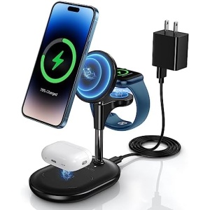 3 in 1 Wireless Charging Station for Apple MagSafe Charger, 15W Fast Magnetic Mag-Safe Charger Stand for iPhone 14 13 12 Series Apple Watch AirPods Multiple Devices, Adjustable Angle, Gifts for Men