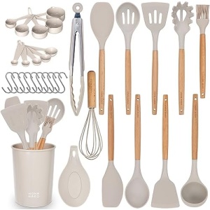 33-Pcs Kitchen Utensils Set - Silicone Cooking Utensils Set - First Home Essentials Utensil Sets - Silicone Utensil Set - Household Essentials - Kitchen Accessories for Nonstick Cookware - Stone