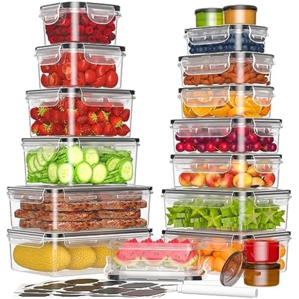 36-Piece Food Storage Containers with Lids Airtight(18 Containers & 18 Lids), Plastic Food Containers for Pantry & Kitchen Storage and Organization, BPA-Free, Leak Proof, Reusable with Labels & Pen