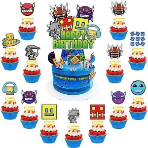 37 Pieces of Geometry Aesthetic Dash Cake Topper, Geometry Aesthetic Dash Themed Party Supplies Cupcakes Kids Birthday Decorations,Geometry Jump Dash Cake Decorations for Party Supplies Decor