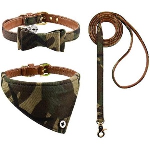 3PCS Bow Tie Dog Collar and Leash Set Plaid/Camo/Dots/Flower Dog Bandanas with Bell 3 Size Adjustable for Small Dogs Puppies and Cats (XS, Camo 1)