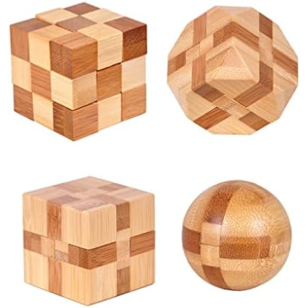 4 Pack Wooden Puzzle Games Brain Teasers Toy- 3D Puzzles for Teens and Adults - Wooden Logic Puzzle Wood Snake Cube Magic Cube Magic Ball Brain Teaser Intellectual Removing Assembling Toy