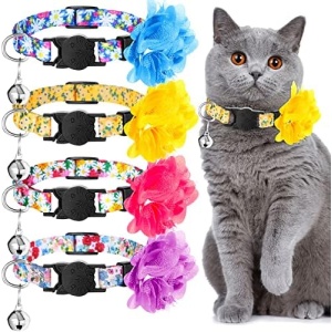 4 Pieces Cat Collar Flower with Bell and Removable Floral Flower Patterns Adjustable Collar for Pets Holiday Party and Daily Decoration (Medium)