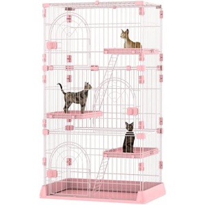 4-Tier Wire Cat Cage Playpen Kennel, Cat Catios Large Space 30 x 20 x 52.5 Inches for 1-3 Cats, Pink Cat Crate with 3 Platforms 3 Front Doors 2 Ramp Ladders