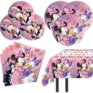 41 PCS Pink Mouse Themed Birthday Party Tableware Supplies include Happy Birthday Plates,Napkins and Pink Mouse Tableclothes.