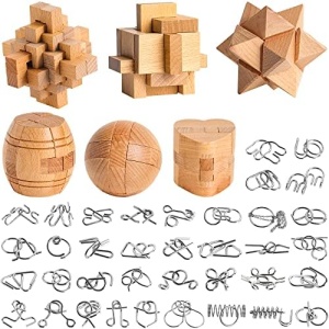 42 PCS Metal & Wooden Brain Teasers Puzzles Kit -Unlock Interlock Puzzles Box Coils for Kids Adults Mind IQ Logic Test Disentanglement Games Educational Toys School Office Supplies WP10