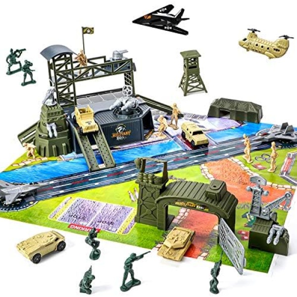 47 Pieces Military Base Set, Army Men Playset with Vehicles Accessories,Soldier Army Men and Play Map,Mini Army Toy Tank,Warplane,Helicopter Playset Plastic Christmas Toys Gifts for Kids Boys