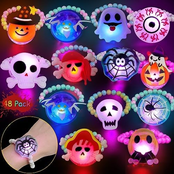 48 Pcs Halloween Gifts for Toddlers Kids Prizes Halloween Bracelets LED Light up Toys for Halloween Party Favors Glow in The Dark Party Supplies Non Candy Treats Halloween Toys for Goody Bag Fillers