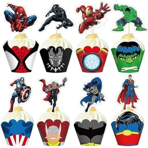 48 Pcs Super Theme Birthday Party Supplies Favor, Cake Decorations Toy Cupcake Toppers and Toy Cupcake Wrappers Set with 24 Pcs Cupcake Toppers, 24 Pcs Cupcake Wrappers for Hero Fans